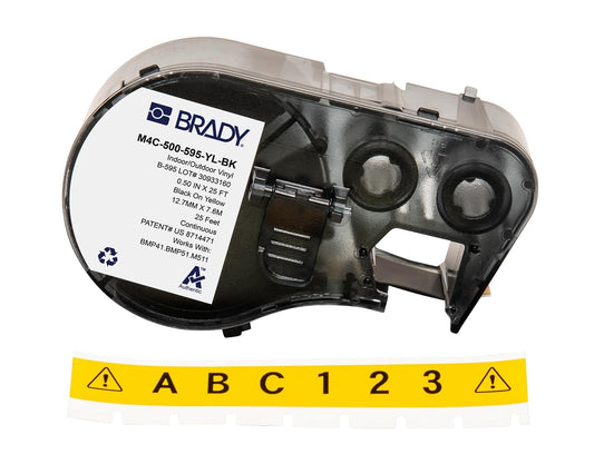 Brady Authentic (M4C-500-595-YL-BK) Etiquetas de vinilo para todo tipo de clima, 0.5 pulgadas de ancho x 25 pies, negro sobre amarillo. Para uso con impresoras de etiquetas BMP41, BMP51, M410, M510 y