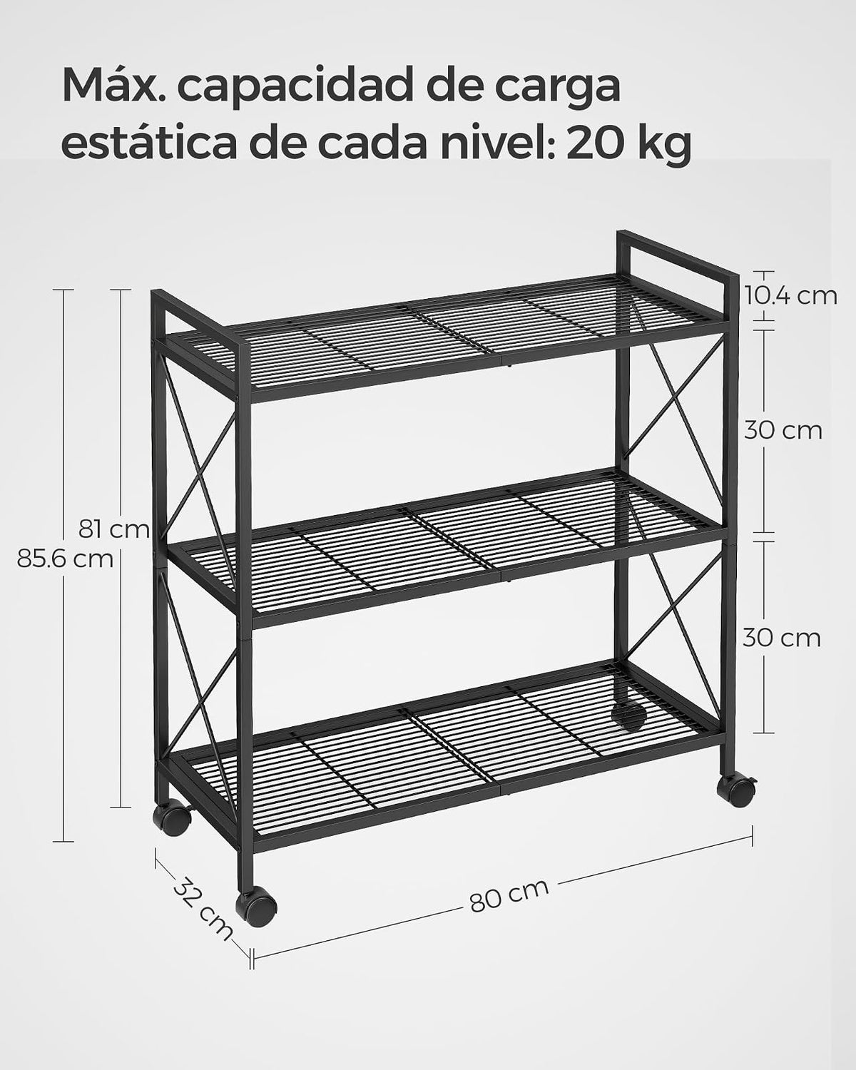 SONGMICS Estantería Metálica de 3 Niveles con Ruedas, 80 cm de Ancho | Estantería de Malla con Marcos Laterales en X, para Entrada, Cocina, Salón, Baño, Negro mate, Colección DACEY MBSC183B01