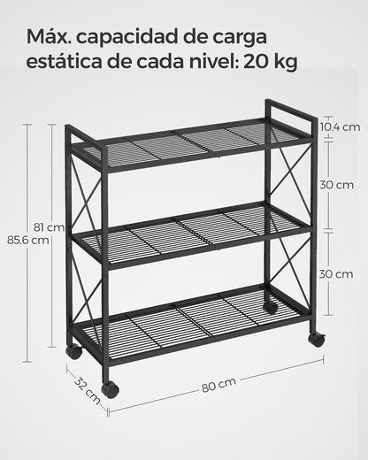SONGMICS Estantería Metálica de 3 Niveles con Ruedas, 80 cm de Ancho | Estantería de Malla con Marcos Laterales en X, para Entrada, Cocina, Salón, Baño, Negro mate, Colección DACEY MBSC183B01