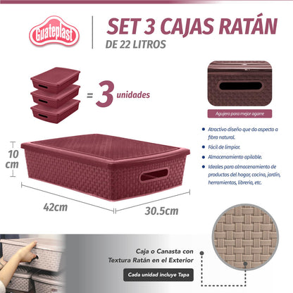 Guateplast Cestas Plásticas Rectangulares Vino 37x29x9 cm | Set de 3, con tapa, estilo ratán, apilables, organización para clósets, oficina