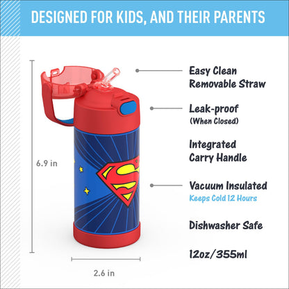 THERMOS FUNTAINER - Botella de agua con popote, 12 onzas, botella de agua aislada al aspiradora para niños, de acero inoxidable con tapa, Superman