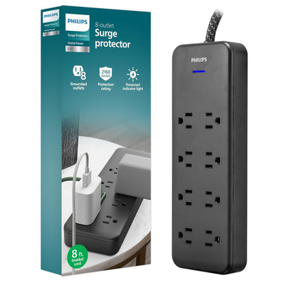 Philips Adapt Protector de Sobretensiones de 8 Tomas con Carga USB - Negro - - 8 Ft - 8 Outlet