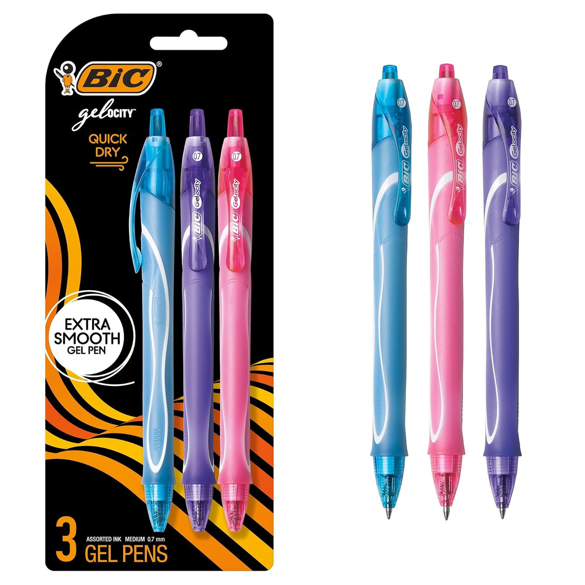 BIC Gelocity - Bolígrafos de gel de secado rápido, varios colores, punta media (0.7 mm), paquete de 3 unidades, bolígrafos de gel retráctiles con cómodo agarre completo
