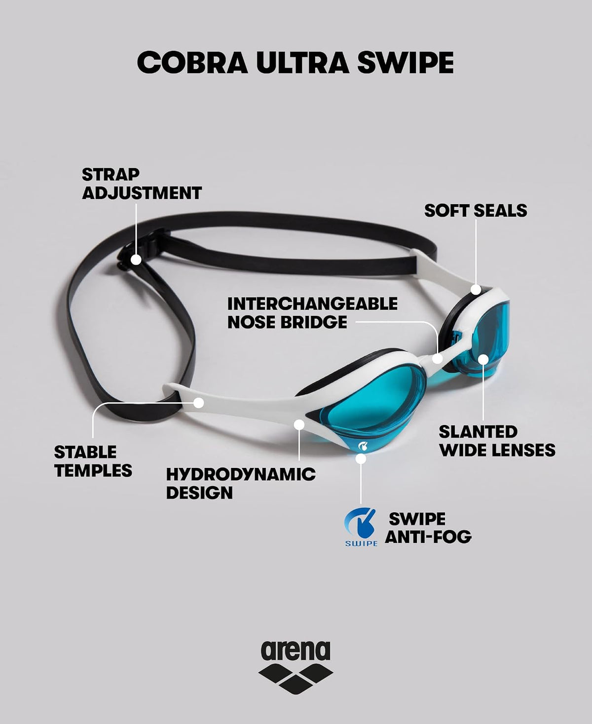 Arena - anteojos de natación unisex Cobra Ultra Swipe Racing para hombres y mujeres, tecnología antivaho, doble correa, lente espejo/sin espejo