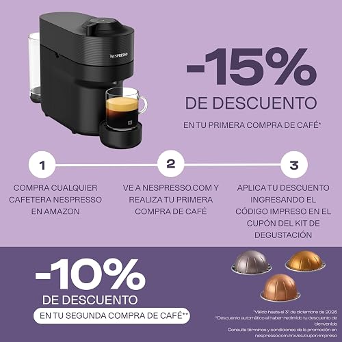 Nespresso Cafetera Vertuo Pop Negra con Espumador + 12 Cápsulas | Incluye 12 Cápsulas de regalo y Espumador de leche