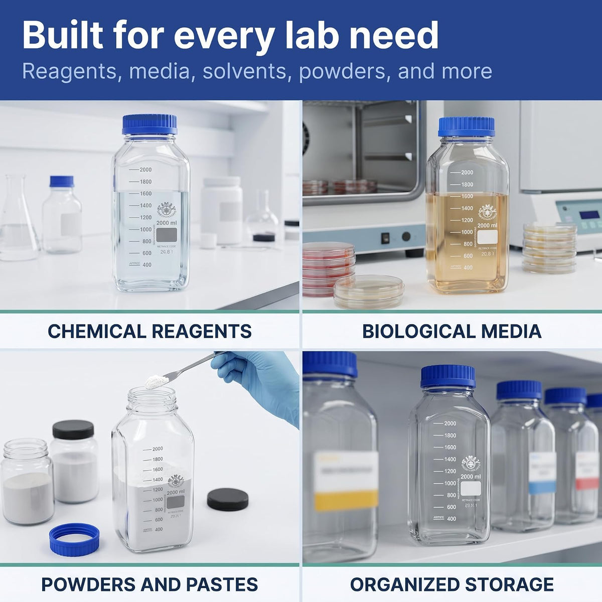 United Scientific® SIMAX - Botella de vidrio borosilicato GL80 para medios | boca ancha, cuadrada, 2000 ml (2 l)