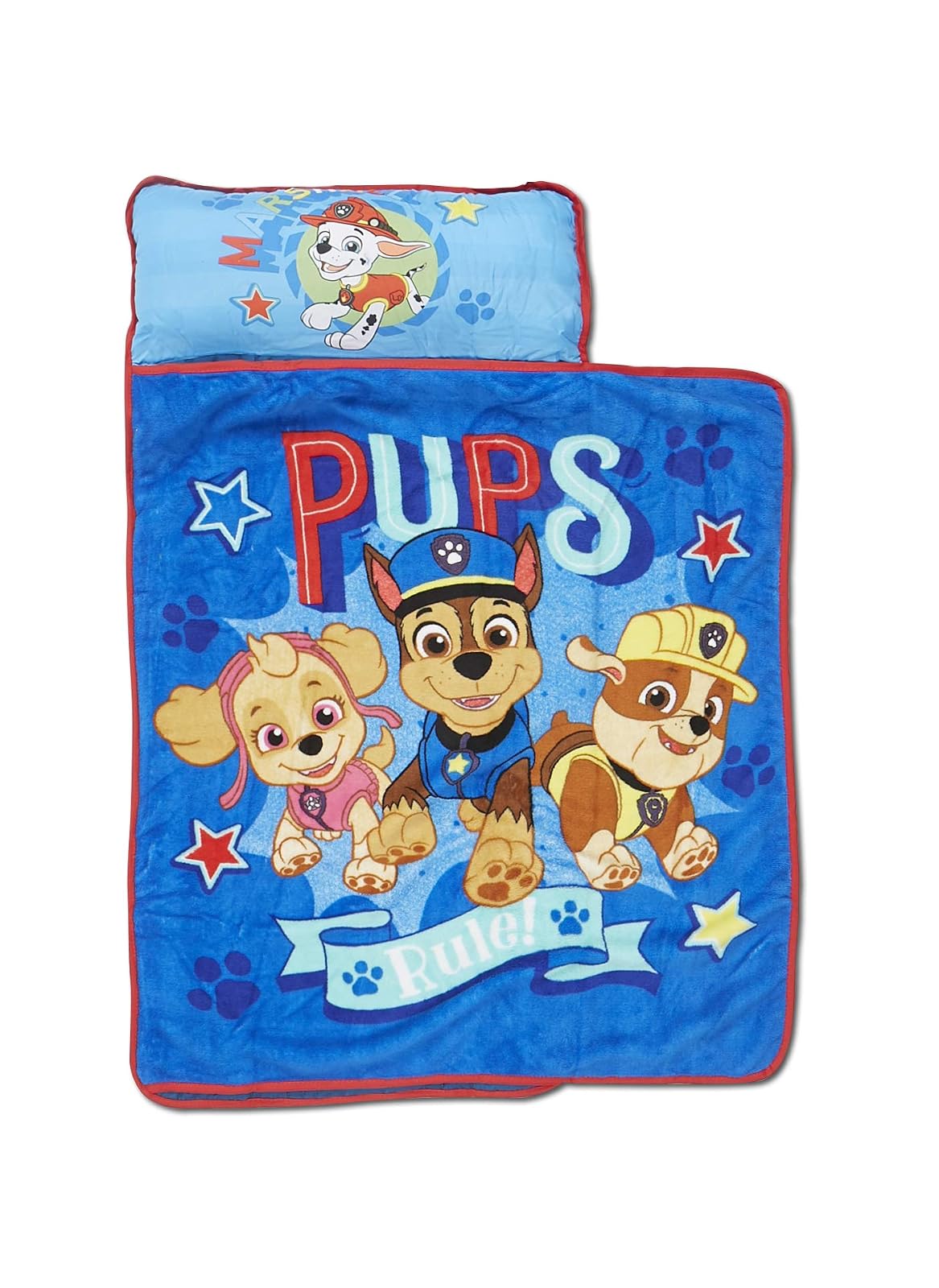Paw Patrol We a Team - Juego de colchoneta de siesta acolchada con almohada integrada y manta de felpa - Tapete portátil para siesta para guardería, preescolar, fiestas de pijamas y viajes, para niños