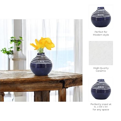 Sagebrook Home 5" Decorative Primeval Ceramic Vase - Contemporary Blue and White Flower Vase for Home, Office Decorative Accent - Easy Gift Idea