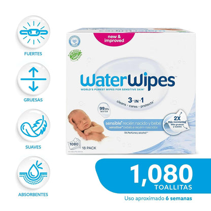 WATERWIPES, Toallitas Húmedas Originales para Bebés, Limpieza y Comodidad, Hipoalergénicas, 18 Paquetes Incluidos
