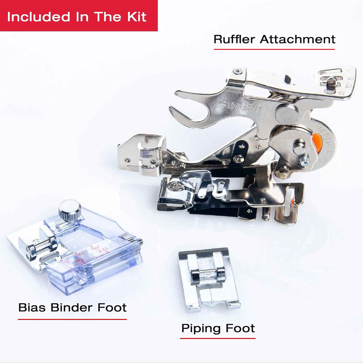 Singer Kit de prensatelas para decoración del hogar, Incluye tuberías, Carpeta de bies y Accesorio de Volante, Perfecto para Acabados a Medida, encuadernación al sesgo y Plisado, Compatible con