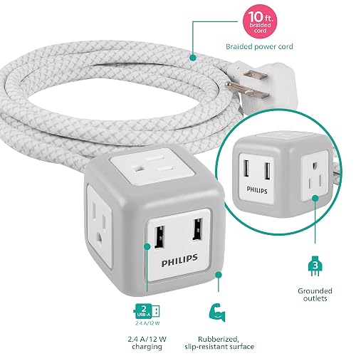 Philips SPS3102WB/37 - Cable de extensión de cubeta de 10 pies, Enchufe Plano de 3 tomacorrientes con 2 Puertos USB, Gris/Blanco
