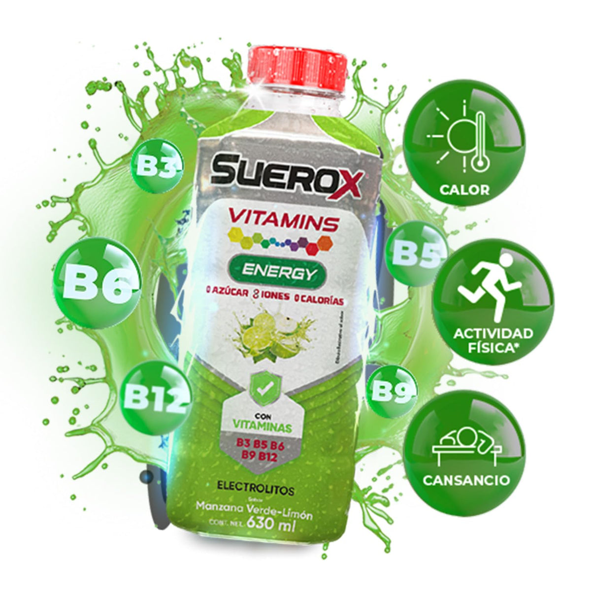 Suerox Vitamins Energy Sabor Manzana Verde-Limón con Electrolitos Sin Azúcar, Vitaminas B3, B5, B6, B9 y B12, Bebida Refrescante para Energía Diaria, 630 ml | 12-Pack
