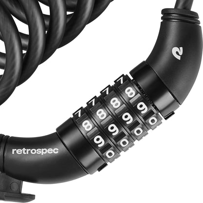 Retrospec Grizzly - Combinación de bloqueo para bicicleta con cable, resistente bloqueo antirrobo, cable de bicicleta de 6 pies en espiral resistente a cortes con combinación personalizada de 4 dígitos y soporte de montaje