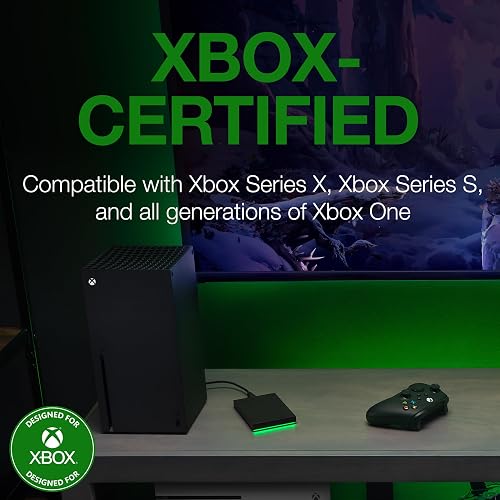 Seagate Disco Duro Externo portátil para Xbox 4 TB – USB 3.2 Gen 1, Negro con Barra LED Verde incorporada, Certificado Xbox, Servicios de Rescate de 3 años (STKX4000402)