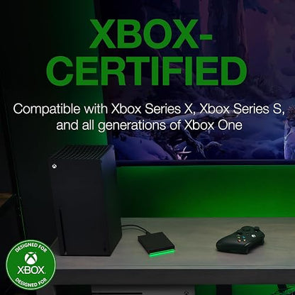 Seagate Disco Duro Externo portátil para Xbox 4 TB – USB 3.2 Gen 1, Negro con Barra LED Verde incorporada, Certificado Xbox, Servicios de Rescate de 3 años (STKX4000402)