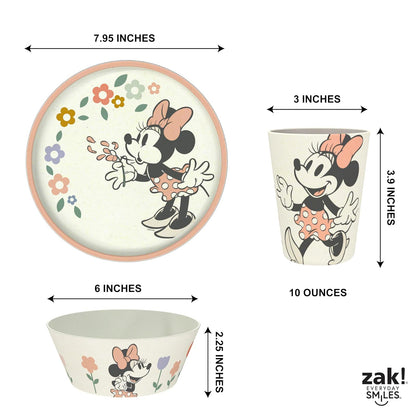 Zak Designs - Juego de vajilla para niños de Disney de 3 piezas, plato de bambú de melamina duradero y sostenible, tazón y vaso son perfectos para cenar con la familia (Minnie Mouse)