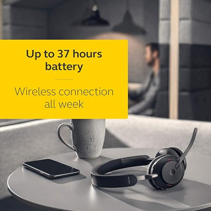 Jabra Evolve2 65 MS Auriculares inalámbricos con Link380a, estéreo, Negro, Bluetooth inalámbricos para Llamadas y música, 37 Horas de duración de la batería, cancelación de Ruido