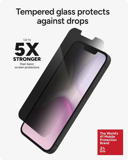 ZAGG Glass Elite Privacy 360 - Protector de visualización para Apple 16e/ 14/13/13 Pro - Filtro de privacidad de cuatro vías, 5 veces más resistente, tecnología antihuellas, escudo invisible, fácil de