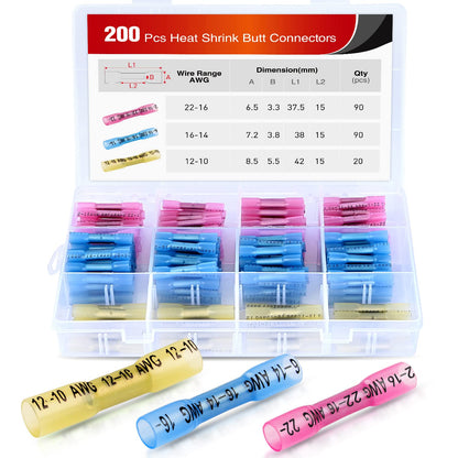 Nilight 200PCS Heat Shrink Butt Connectors - Waterproof Wire Connectors - Automotive Marine Grade Electrical Terminals - Crimp Butt Splice Terminal Kit,2 Years - 200 conectores termoencogibles