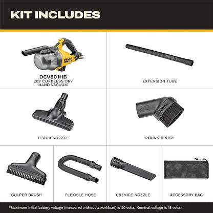 DEWALT Aspiradora de Mano Inalámbrica en Seco, 20V Máx., DCV501HB, con Filtro HEPA