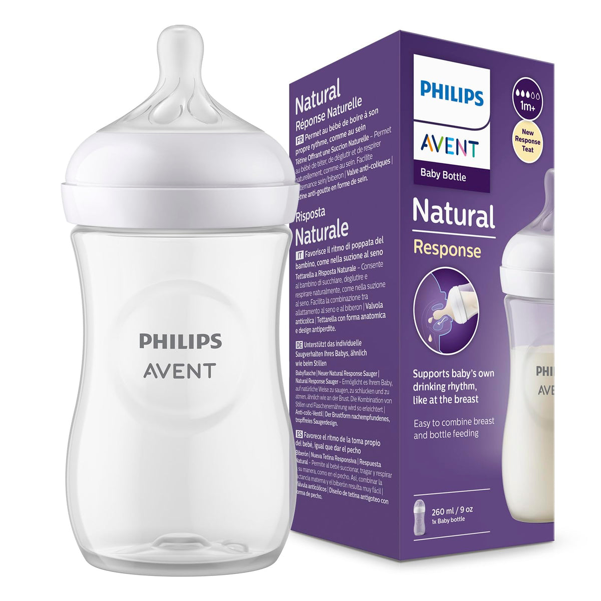Philips Avent Biberón Natural Response 9 oz Traslúcido | Combina pecho y biberón fácilmente | Apoya el ritmo de alimentación de cada bebé | Flujo 3 - Medio | 1 pz | SCY903/01