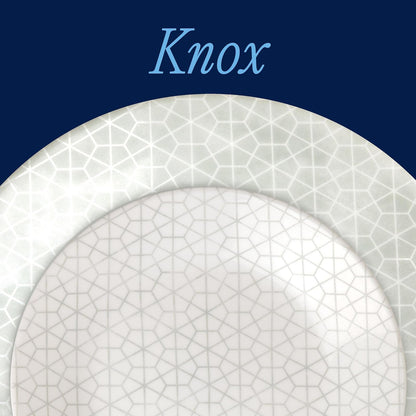 Corelle Vitrelle Vajilla de vidrio de 18 piezas, servicio para 6 personas, juegos de platos y tazones de vidrio de triple capa resistente a astillas y roturas, geométrico gris y blanco (Knox)
