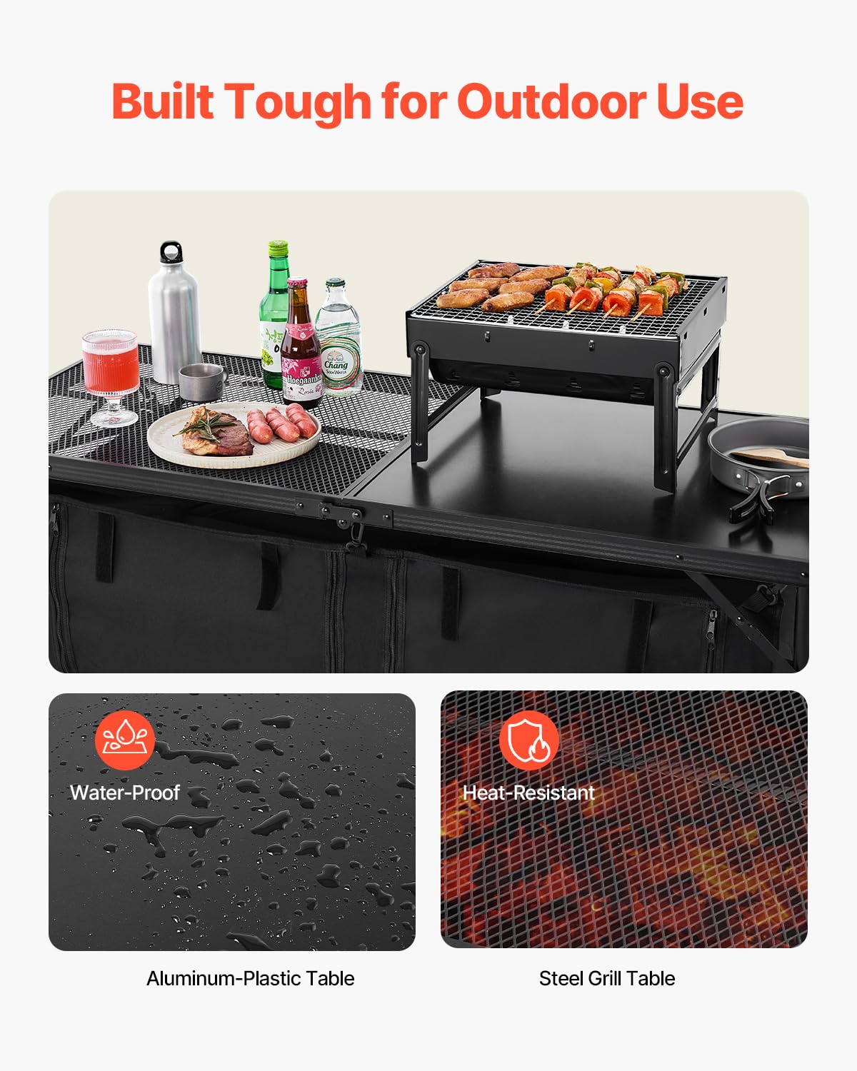 VEVOR Mesa de Cocina Plegable Portátil para Acampar, 3 Alturas Ajustables, de Aluminio, con Organizador de Almacenamiento, Asa de Transporte, para Barbacoa, Fiesta, Pícnic, Viajes en RV, Negro