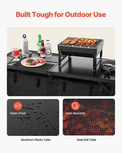VEVOR Mesa de Cocina Plegable Portátil para Acampar, 3 Alturas Ajustables, de Aluminio, con Organizador de Almacenamiento, Asa de Transporte, para Barbacoa, Fiesta, Pícnic, Viajes en RV, Negro