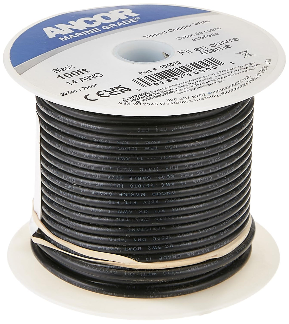Ancor Cable de batería y Alambre de Calidad Marina 18 AWG – 4/0 AWG Todos los Colores y tamaños de Bobina, 14 AWG, Negro, 76.2 Metros - 76.2 metros - 14 AWG - Black