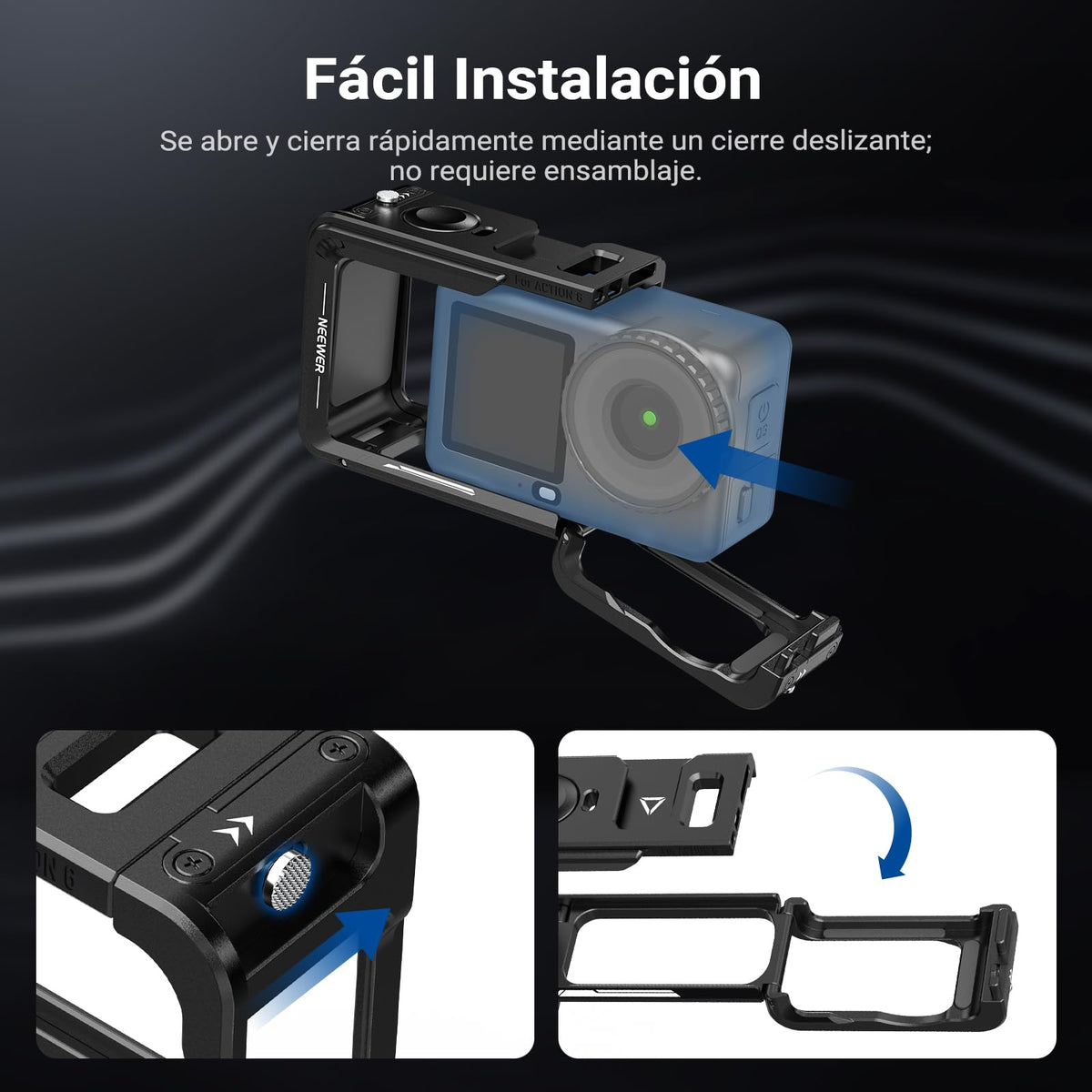 NEEWER - Jaula de cámara para Osmo Action 6, estabilizador Ligero de Metal con Zapato fría y Rosca de 1/4 Pulgadas, Compatible con dji Mic Adaptador magnético de liberación rápida, Accesorios de