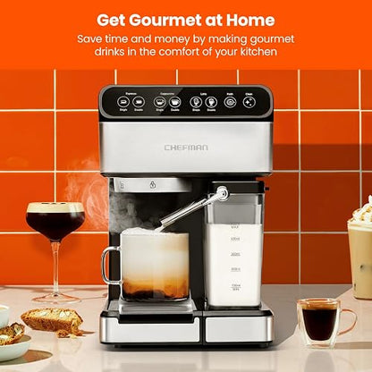 Chefman - Máquina de café espresso , Prepare espresso, capuchinos, lattes y más con calidad de una cafetería, depósito de agua de 1,8 litros, acero inoxidable