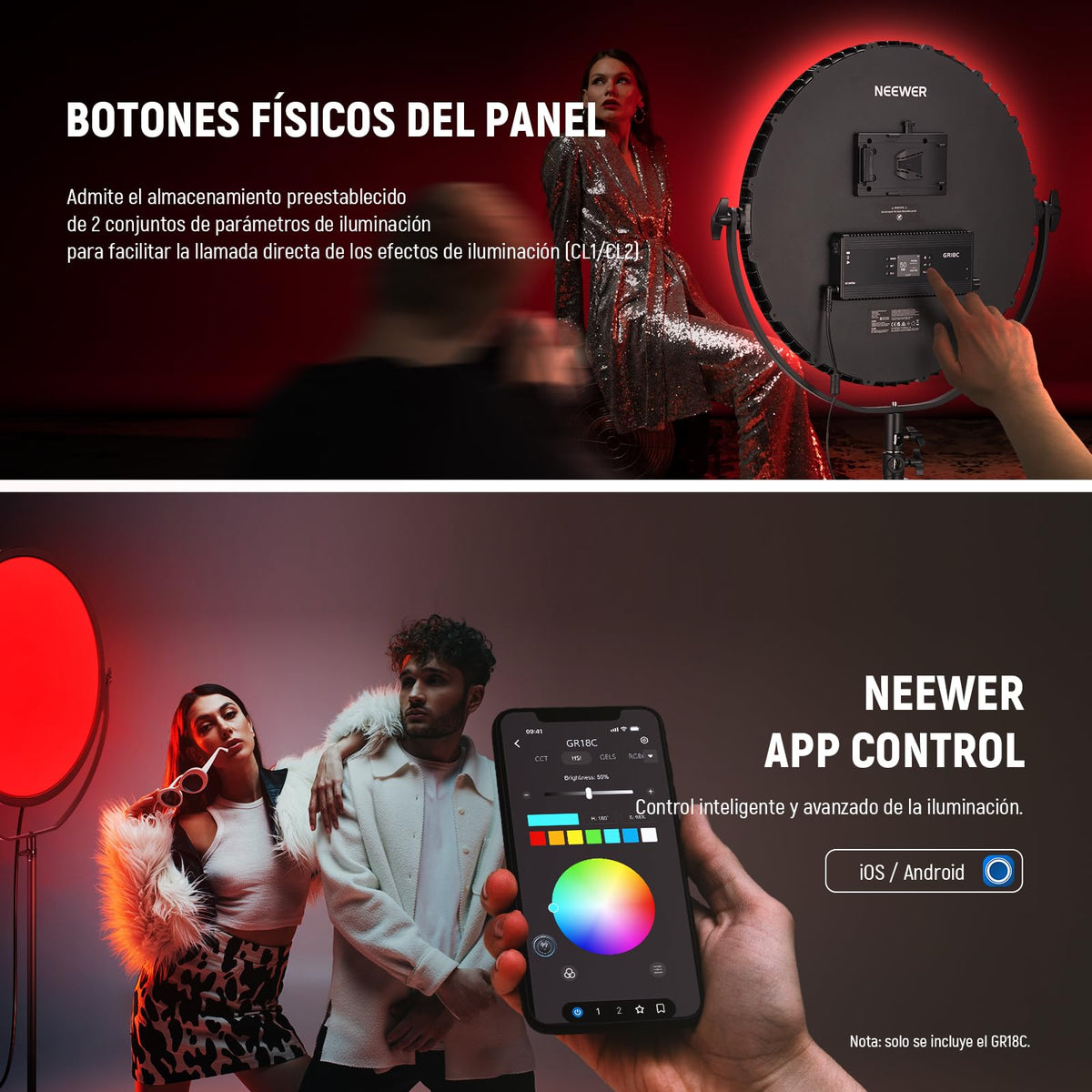 NEEWER 18" RGB LED Redondo Panel Luz Vídeo con Control App, 65W 6000Lux/0.5m 2500K-8500K RGBCW Iluminación Estudio Fotografía /18 Escenas/V Batería Alimentada para Exterior Grabación Streaming, GR18C