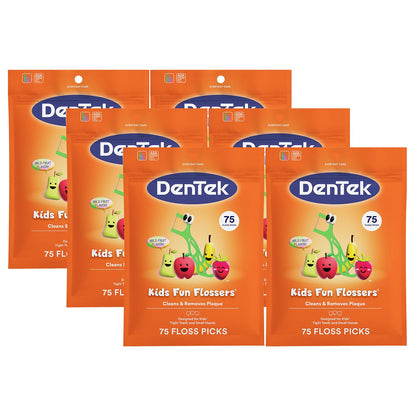 Dentek Kids Fun Flossers with Advanced Fluoride Coating | Removes Food & Plaque | Wild Fruit Flavored Floss Picks | 75 Count | Pack of 6