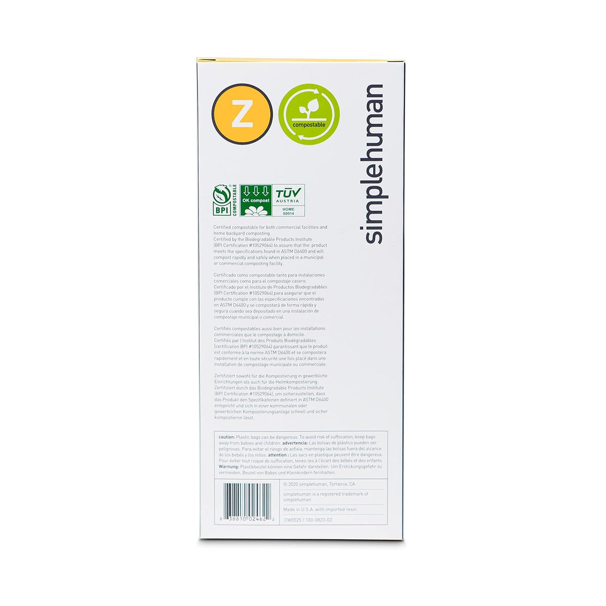 simplehuman Code Z 30 Liner, forro de ajuste personalizado, bolsas de basura compostables en paquetes dispensadores