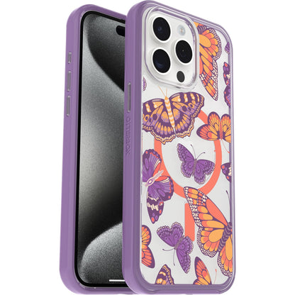 OtterBox - Funda Transparente para iPhone 15 Pro MAX (Solamente) Serie Symmetry - Flutter (Morado), se Ajusta a MagSafe, Ultra Elegante, Bordes elevados Que protegen la cámara y la visualización
