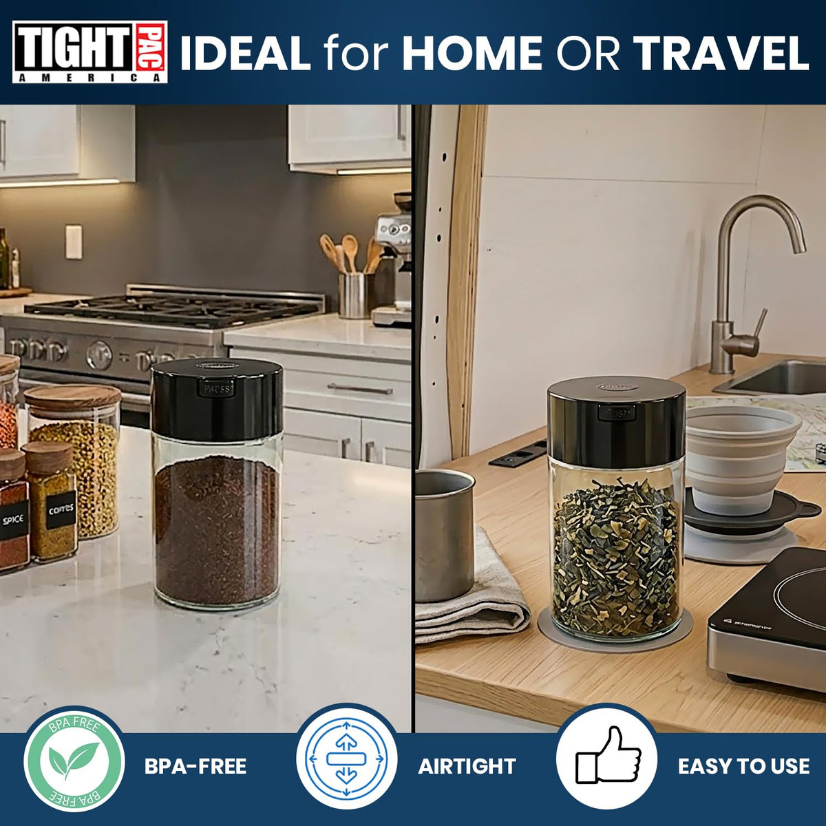 Tightpac America, Inc. Coffeevac 1 LB – la última Sellado al aspiradora Recipiente para café, Color Azul Tintado Cap & Cuerpo, Tapa Negra y Cuerpo Transparente, 1.85 litros / 1.6 Cuartos, 1