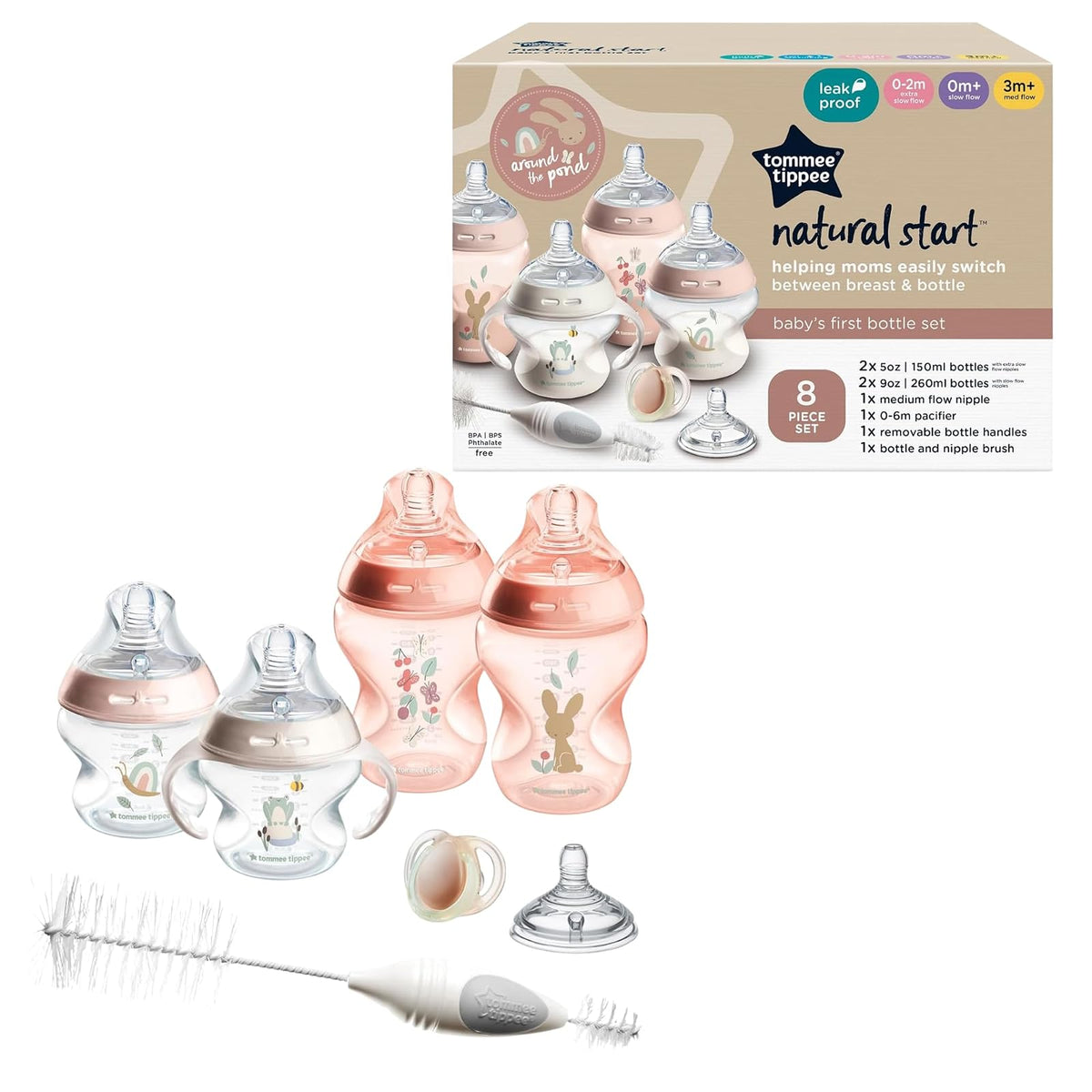 Tommee Tippee Natural Start Set de Biberones Anticólicos 5oz y 9oz - Transparente - Rosa - Baby's First Set