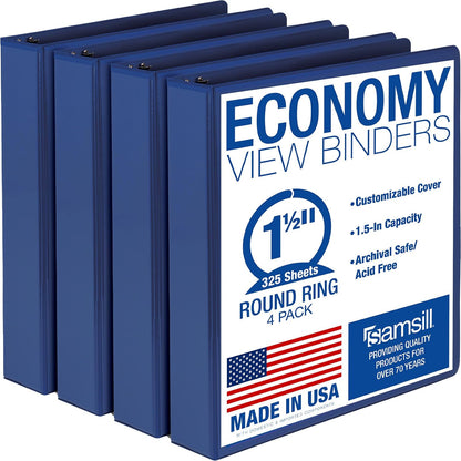 Samsill Carpeta de 3 anillas de 1.5 pulgadas, fabricada en Estados Unidos, anillo redondo económico, cubierta de visión transparente, capacidad de 325 hojas, para escuela, hogar, oficina, negro, - Blanco - 4 paquetes - 2.54 cm