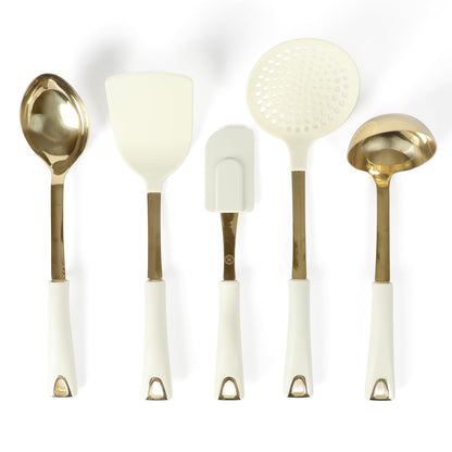 Martha Stewart Lockton - Juego de herramientas de cocina de acero inoxidable y nailon, lino con dorado