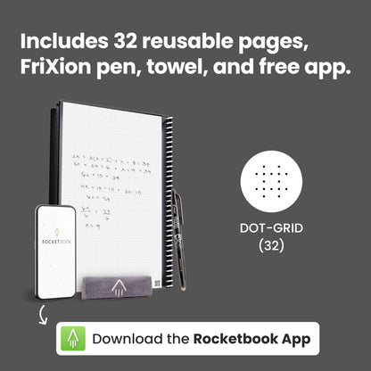 Rocketbook Core Carta, Cuaderno Inteligente, Patrón de cuadrícula, Reutilizable, Negro