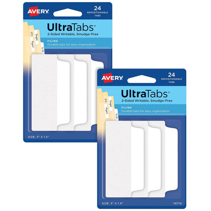 Avery Ultra Tabs, pestañas de archivo, 7.62 x 3.81 cm, escritura en 2 lados, blanco, autoadhesivas, 24 por paquete, 48 en total (2 unidades de 74776)