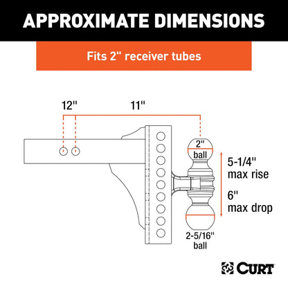 CURT Soporte de Bola de Enganche Ajustable 45900 para Receptor de 2 in, Caída de 6 in, Bolas de 2 y 2-5/16 in, 14 Libras, Negro