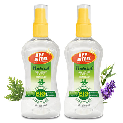 BYE BITES Repelente de Mosquitos NATURAL en Spray - Con Geraniol, Citronela y Eucalipto, Fórmula Natural y Biodegradable - En DUOPACK de 130 ml c/pieza - Protégete de los Insectos