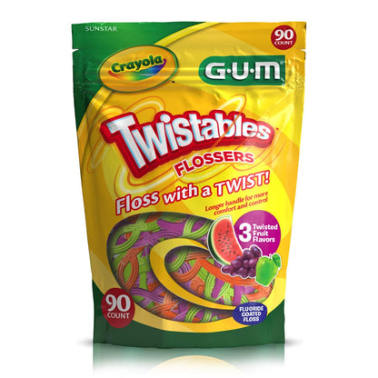 GUM Crayola Twistables Flossers Niños Fluoruro 90 U | Sandía, uva, manzana, 3 sabores, fluoruro, mango ergonómico
