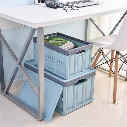 Contenedores de almacenamiento con tapa, paquete de 2 cajas de almacenamiento plegables de 30 litros, cajas de almacenamiento apilables plegables para ropa, juguetes, color azul