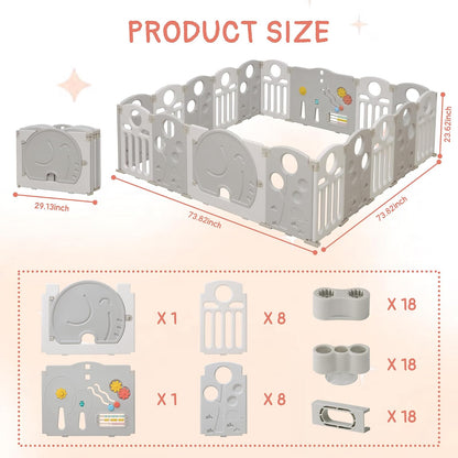 HAPPYMATY Baby Playpen, 18-Panel plegable Play Pen para bebés y niños pequeños Cerca para bebé con panel de juego Sensorial, Forma ajustable Centro de juego de actividad, Portátil y de montaje