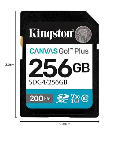 Kingston Tarjeta De Memoria SD, Canvas Go Plus Gen4, Capacidad: 256GB, 4K, Clase 10, UHS-I, U3, V30, Lectura: 200MB/s y Escritura: 160MB/s, SKU: SDG4/256GB