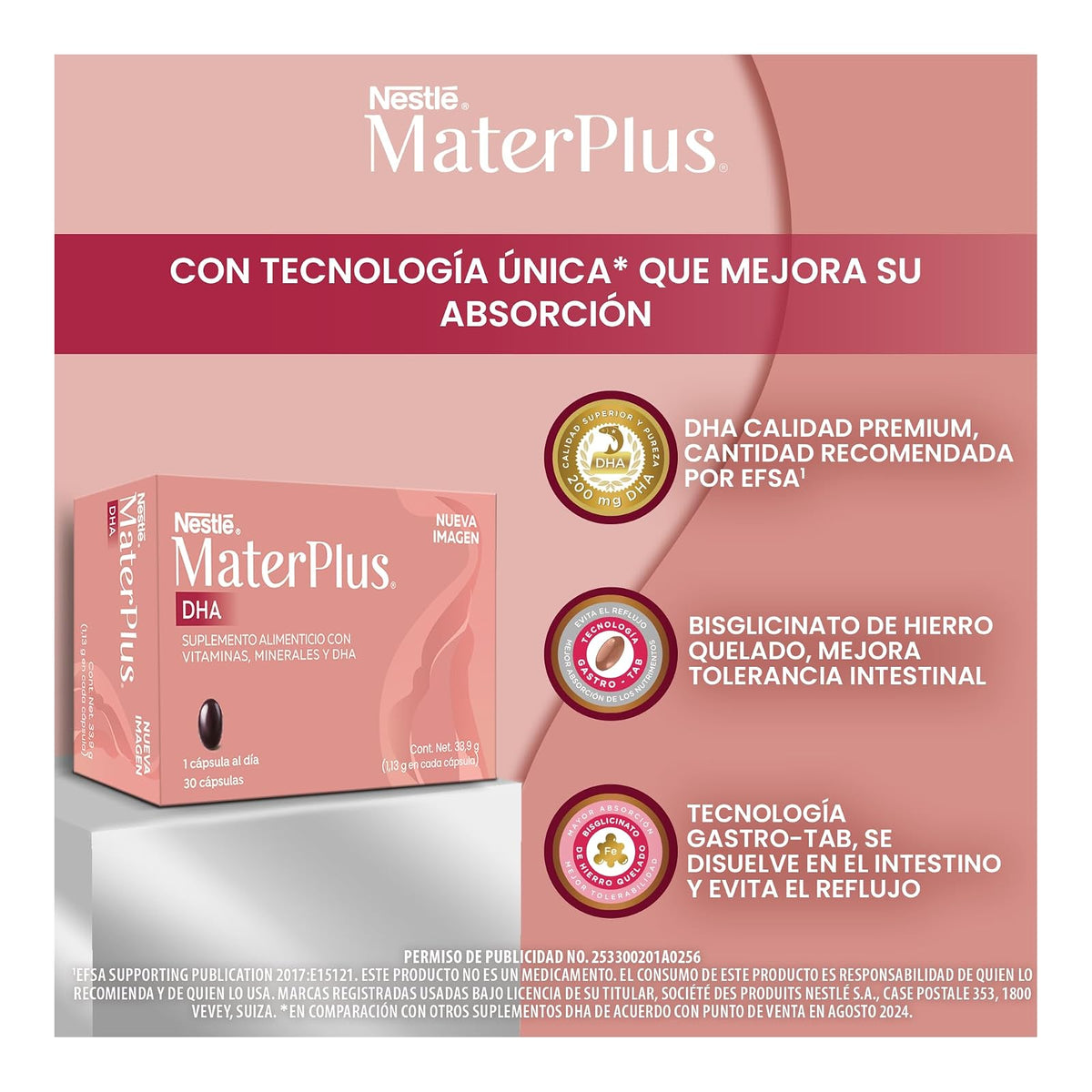 Mater Plus Suplemento Alimenticio Con Vitaminas, Minerales y DHA Caja 30 Cápsulas