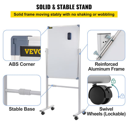 VEVOR - pizarrón blanca magnética móvil, 36 x 24 pulgadas, doble cara, reversible de 360 grados, tabla de borrado en seco, altura ajustable con marco de aluminio y ruedas giratorias bloqueables, para