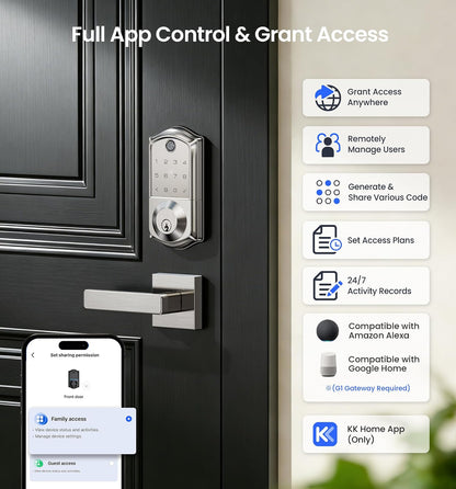 Veise VE017 - Cerradura de puerta inteligente con huellas dactilares, control de aplicación, entrada sin llave 7 en 1, bloqueo automático, puerto de alimentación de emergencia, teclado electrónico con